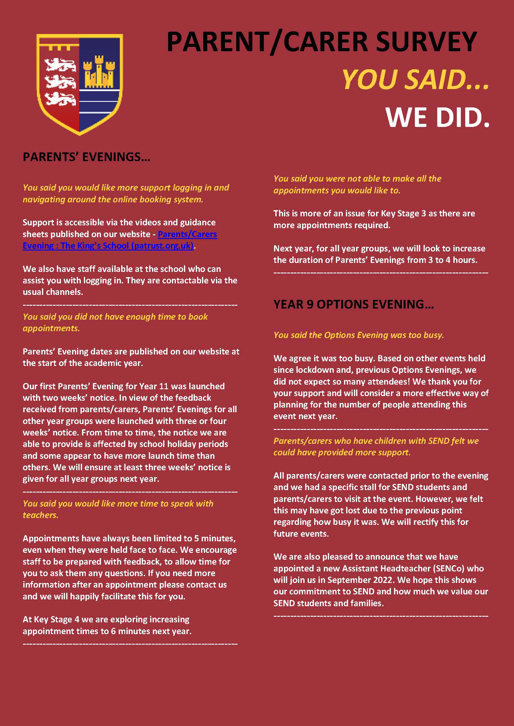 'YOU SAID, WE DID' - PARENT/CARER SURVEY - APRIL 2022
